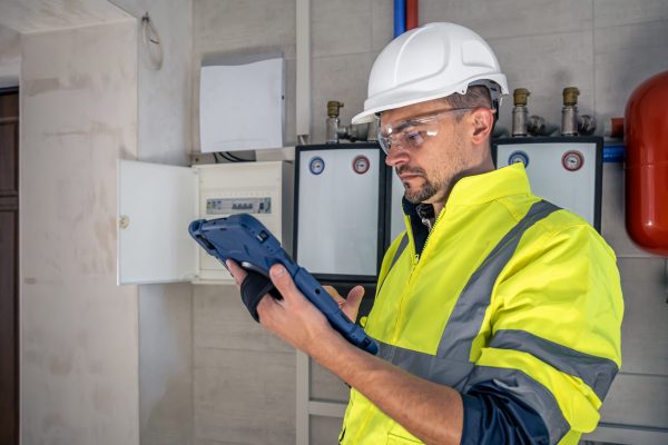 Man, an electrical technician working in a switchboard with fuses. Installation and connection of electrical equipment.